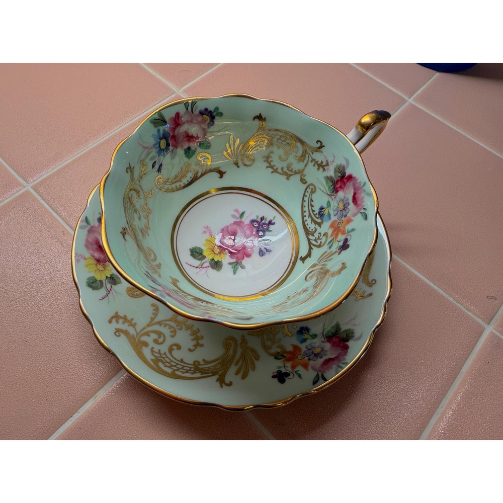 Vintage Paragon Double Warrant Mint Green with Gold Teacup and Saucer Set